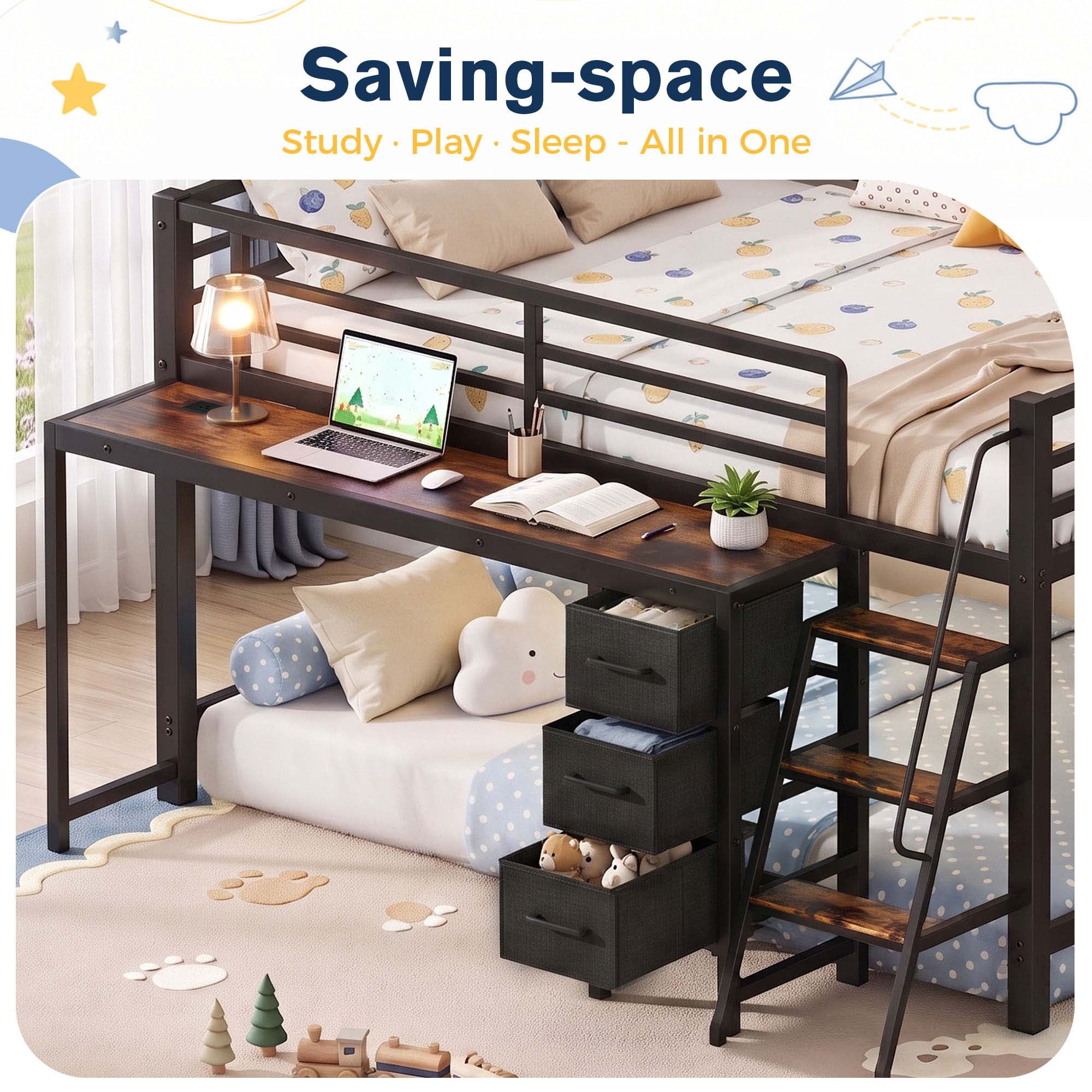 Miniyam Full Size Metal Low Loft Bed with Desk and 3 Drawers, Charging Station and Wide Steps, Black
