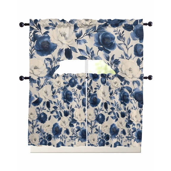 Navy Blue Beige Peony Swag Curtains for Living Room/Bedroom Windows, Vintage Floral Blossom Botanical Kitchen Curtains and Valances Set 36 Inch Length, Light Filtering Swags Valance Curtain Panels