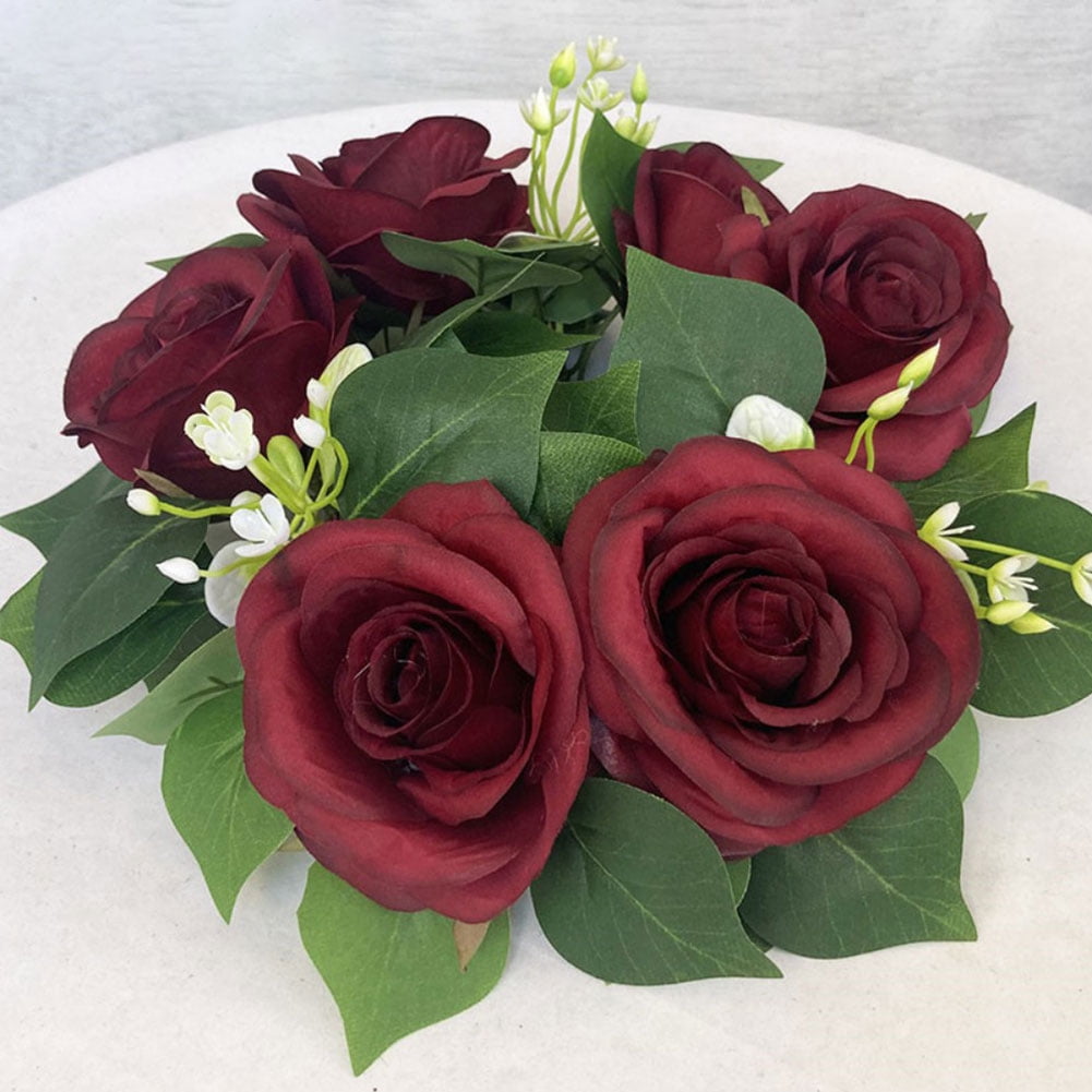 Small Wreath Candle Ring Rose Blossom Artificial Floral Decor for