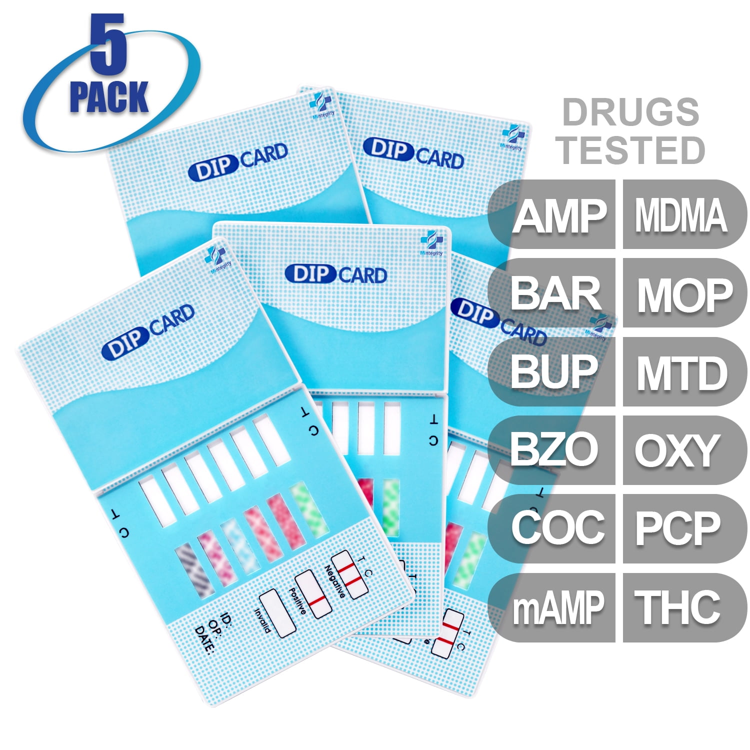 Mintegrity [5pk] - 12-Panel Dip Card Instant Urine Drug Test - (AMP/BAR/BUP/BZO/COC/mAMP/MDMA/MOP/MTD/OXY/PCP/THC) #MI-WDOA-6125