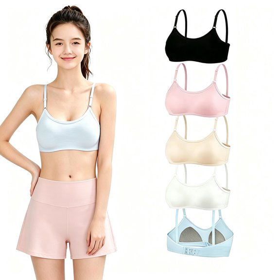 Cotton Bras Wireless Lightly Padded Sports Bra Teen Girls 5 Pack Adjustable Strap 10-16