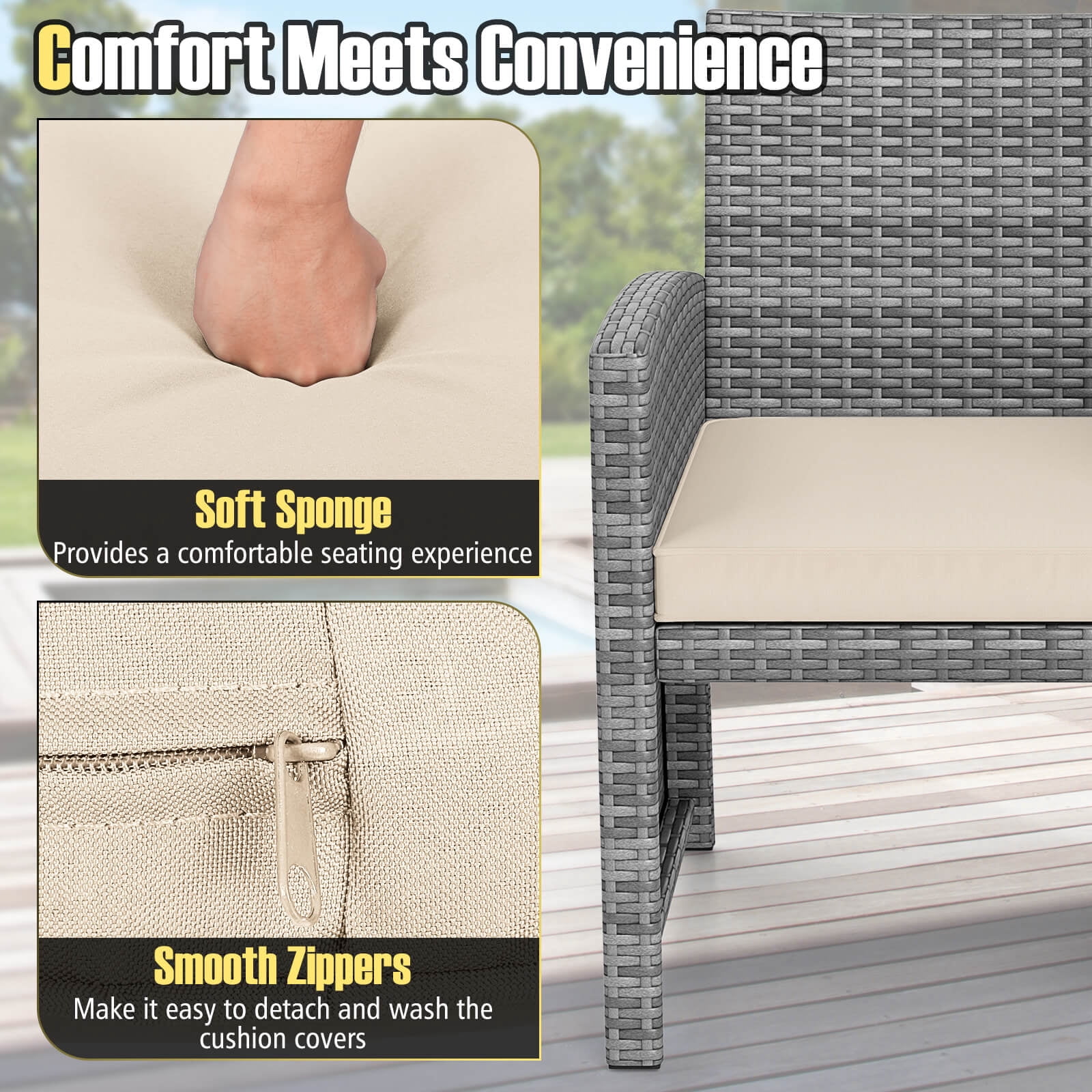 Costway 3 PCS Patio Furniture Set with Tempered Glass Coffee Table & Soft Seat Cushions White
