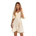 thumbnail image 2 of Women'S Wrap V Neck Short Flared Sleeve Wedding Guest Dress Smocked Elastic Waist Tiered Belted Ruffle Hem Mini Dress Apricot L, 2 of 10