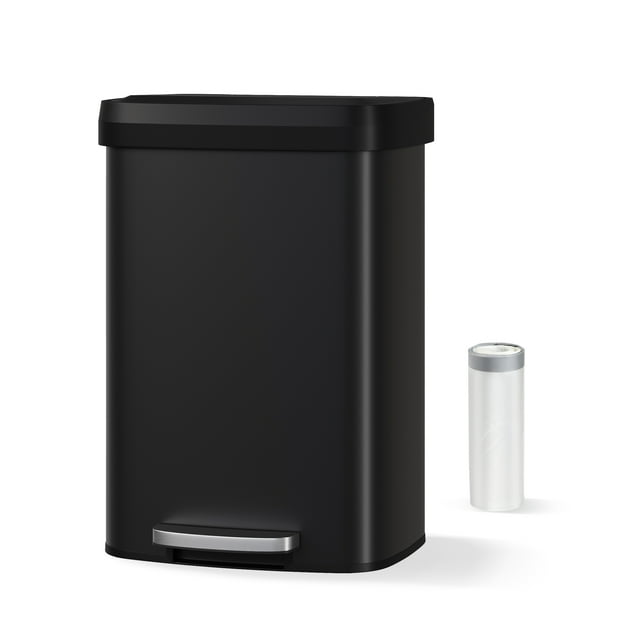 13 Gallon/50L Black Stainless Steel Kitchen Trash Can - Step-On Pedal, Soft Close Lid, Odor Control, Rustproof, Fingerprint-Resistant, Liner Rim, Rear Handle - Large Garbage Bin for Home or Office,