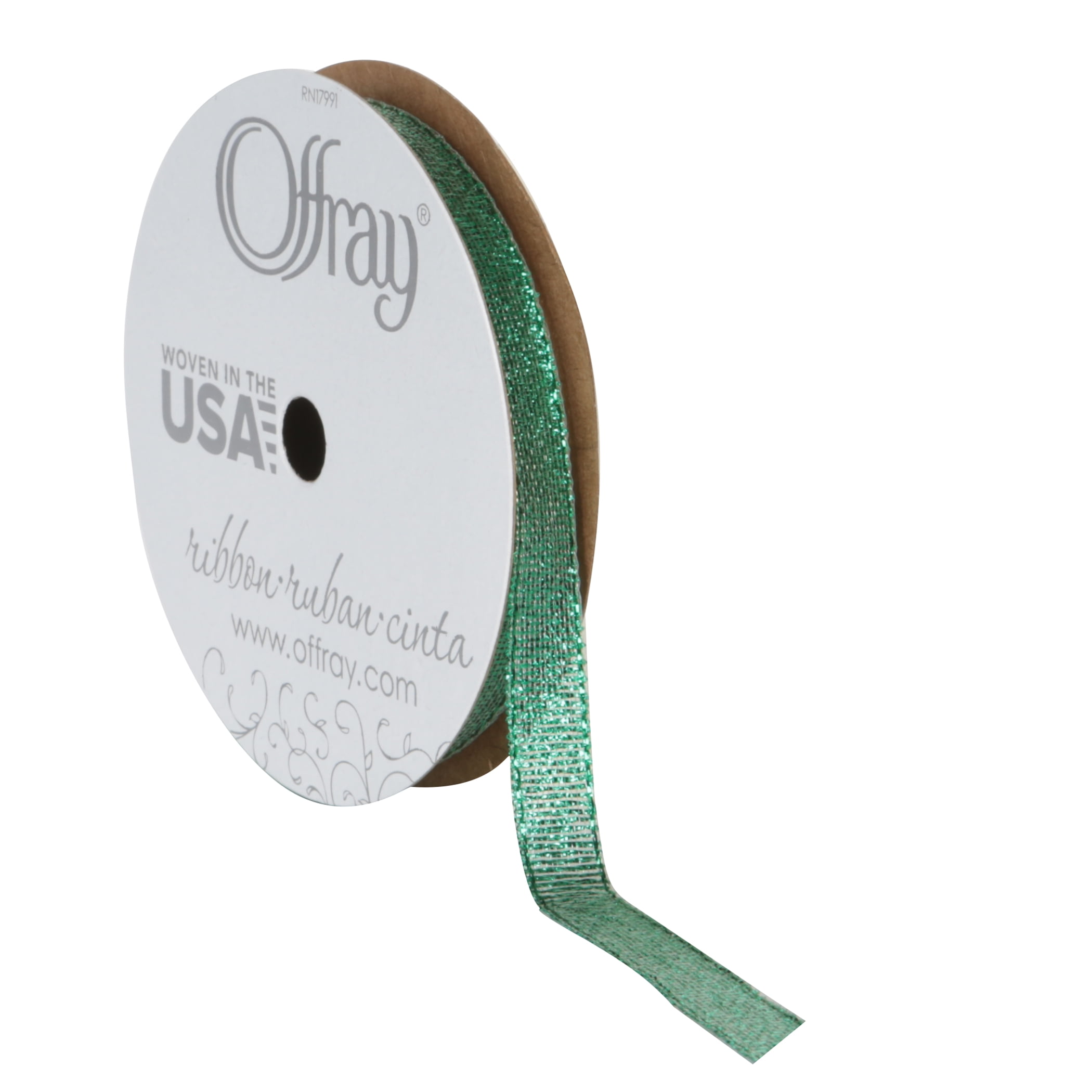 Offray Ribbon, Emerald Green 3/8 inch Galena Metallic Ribbon, 9 feet