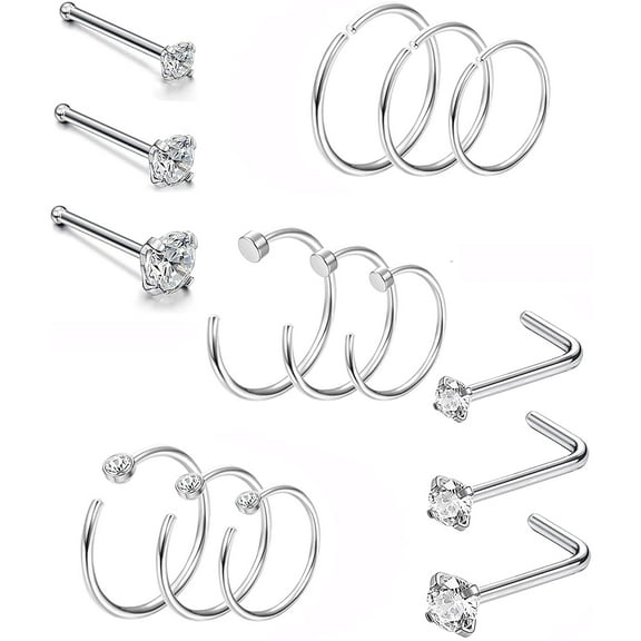 20G 15Pcs Stainless Steel Nose Rings Studs Hoop Piercing Body Jewelry Silver Tone