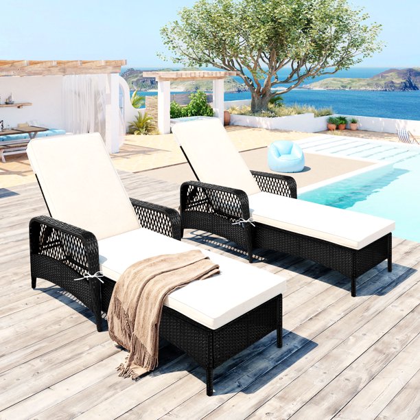 2PCS Patio Chaise Lounge Chair, Outdoor PE Rattan Chaise Lounge, Sun