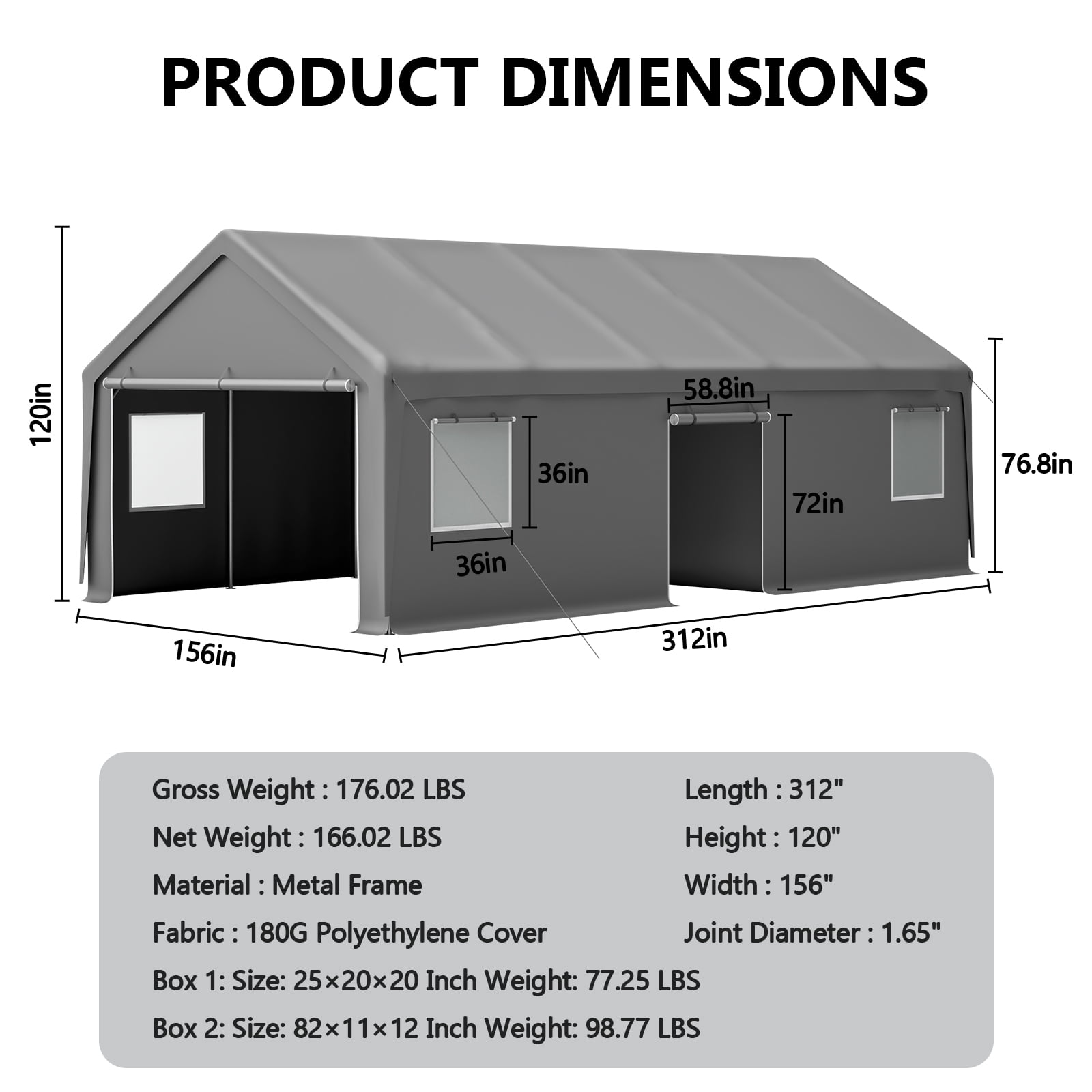 13x26 ft Heavy Duty Carport Canopy with Roll-up Ventilated Windows & Doors, Side Door Portable Garage with Metal Frame, Car Canopy with Waterproof & UV-Resistant for Car, Truck, Boat - Grey