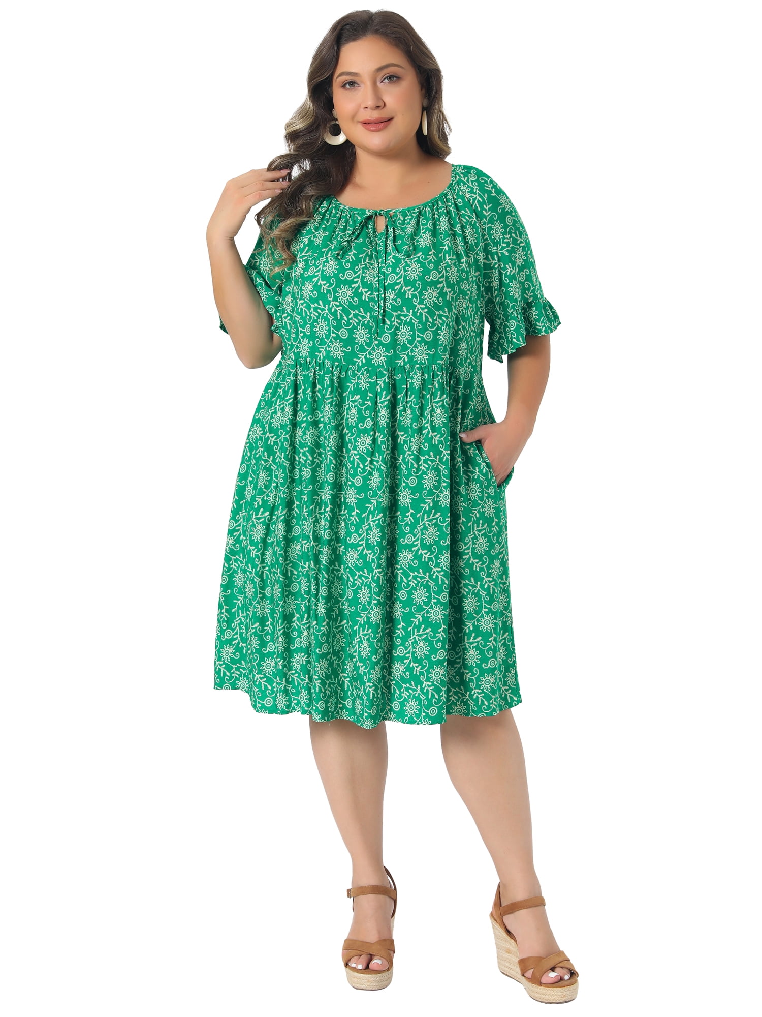 DARING DIVA Women's Plus Dresses Scoop Neck Ruffle Floral Dress 4X Green