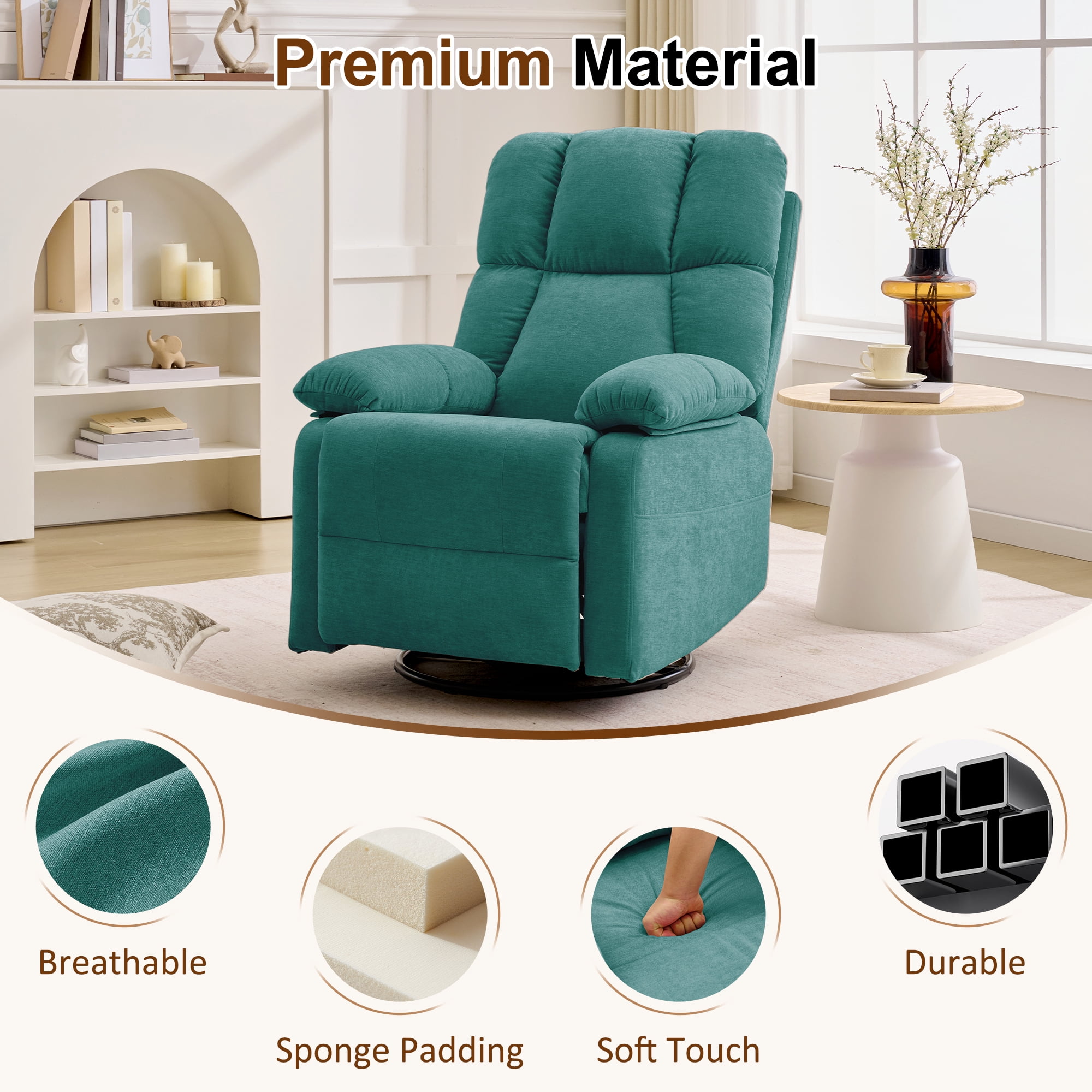 GEEYOO Swivel Rocker Recliner Chair for Adults,360°Swivel Nursery Recliner with Side Pockets,Small Recliner Chair for Small Spaces for Living Room,Linen,Green