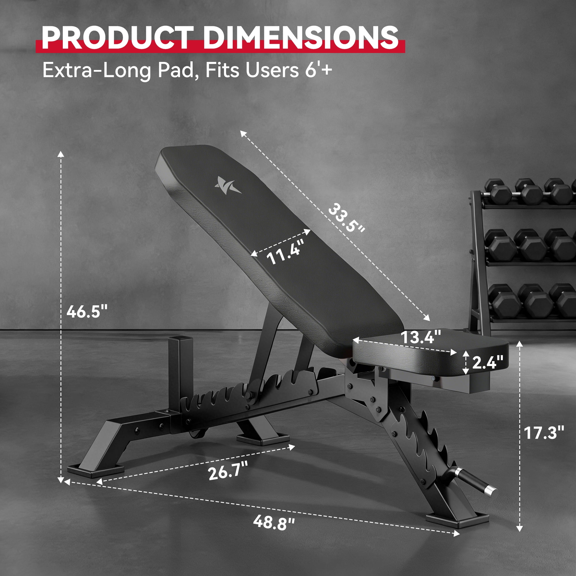 FASTES Adjustable Weight Bench 8 Positions Foldable Workout Bench Heavy-duty Weight Bench Press for Home Gym Full Body Strength Training, Max Weight 1400lbs, Black