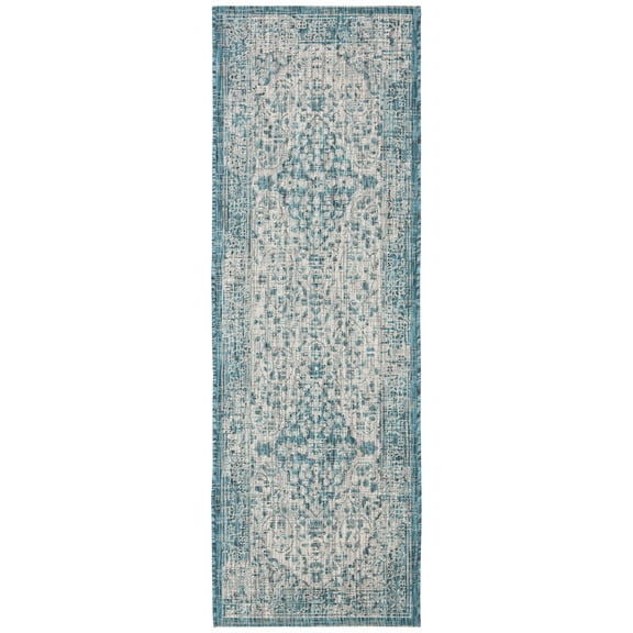 SAFAVIEH Courtyard Kebo Medallion Indoor/Outdoor Runner Rug, Teal/Cream, 2'3" x 6'7"