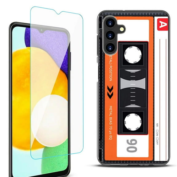 Slim-Fit Protective Fashion Phone Case (Black) for Samsung Galaxy A13 5G, with Tempered Glass Screen Protector, by OneToughShield ® - Cassette Orange