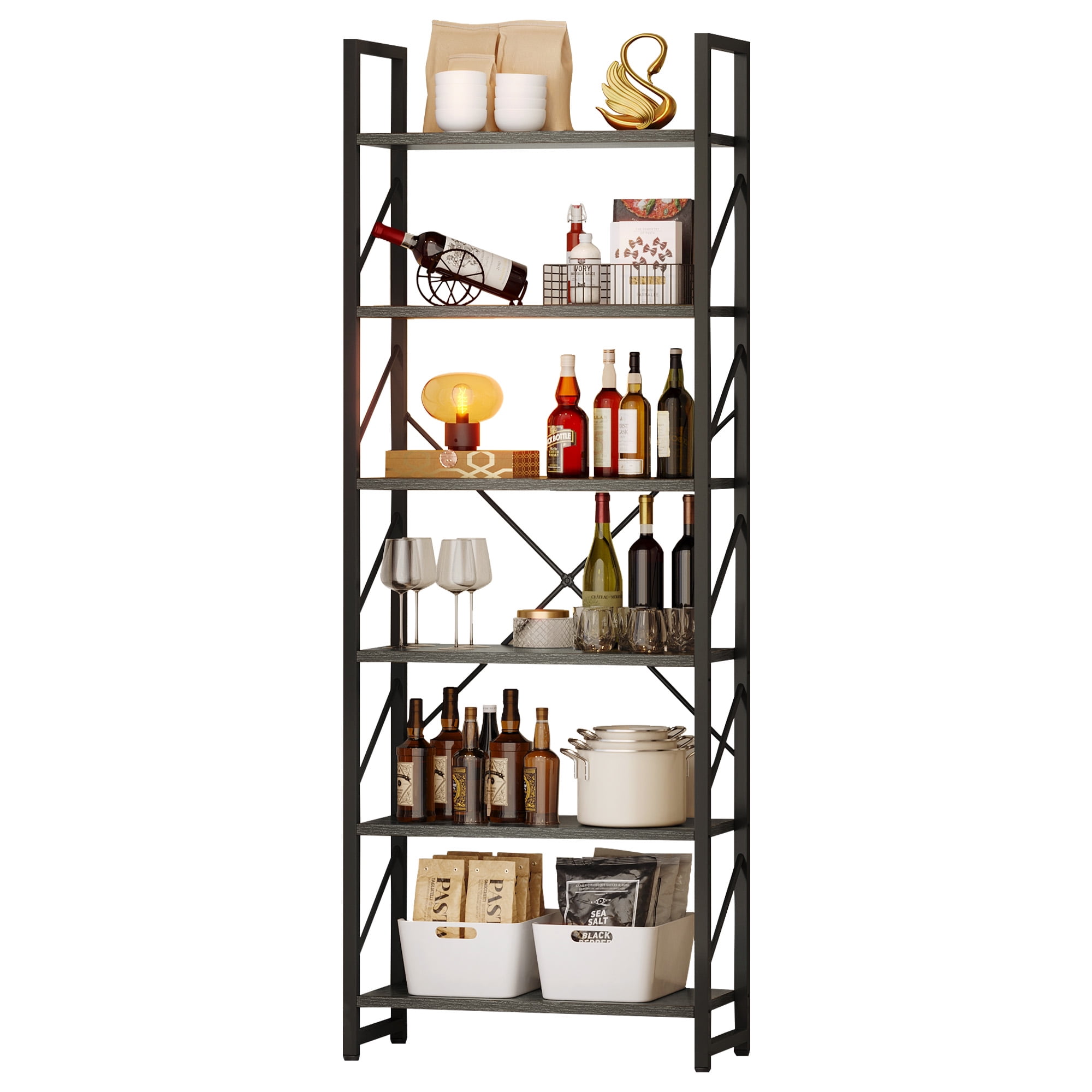 Dextrus 6 Tiers Ladder Bookshelf, 69 inch Classically Modern Freestanding Bookcase,Modern Open Display Storage Organizer Book Shelves in Living Room/Home/Office, Black & Gray