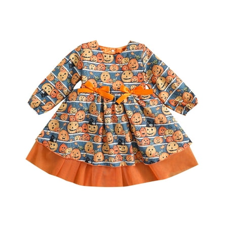 

Meihuida Infant Halloween Patchwork Dress Girls Pumpkin Cat Print Long Sleeve Round Neck One-piece with Bows