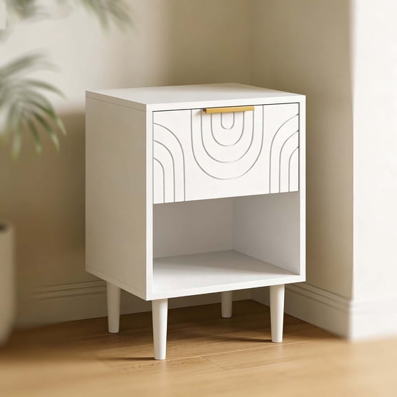 White Kids Nightstand with Drawer & Gold Handle, Modern Wood Leg Compact Bedside Table, Space-Saving End Table for Boys Girls Bedroom