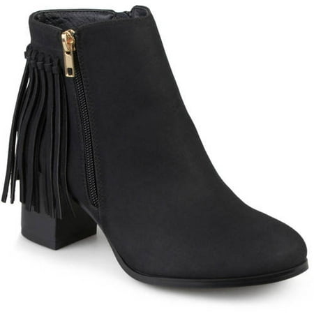 - Women's Faux Leather Stacked Heel Fringe Ankle Boots
