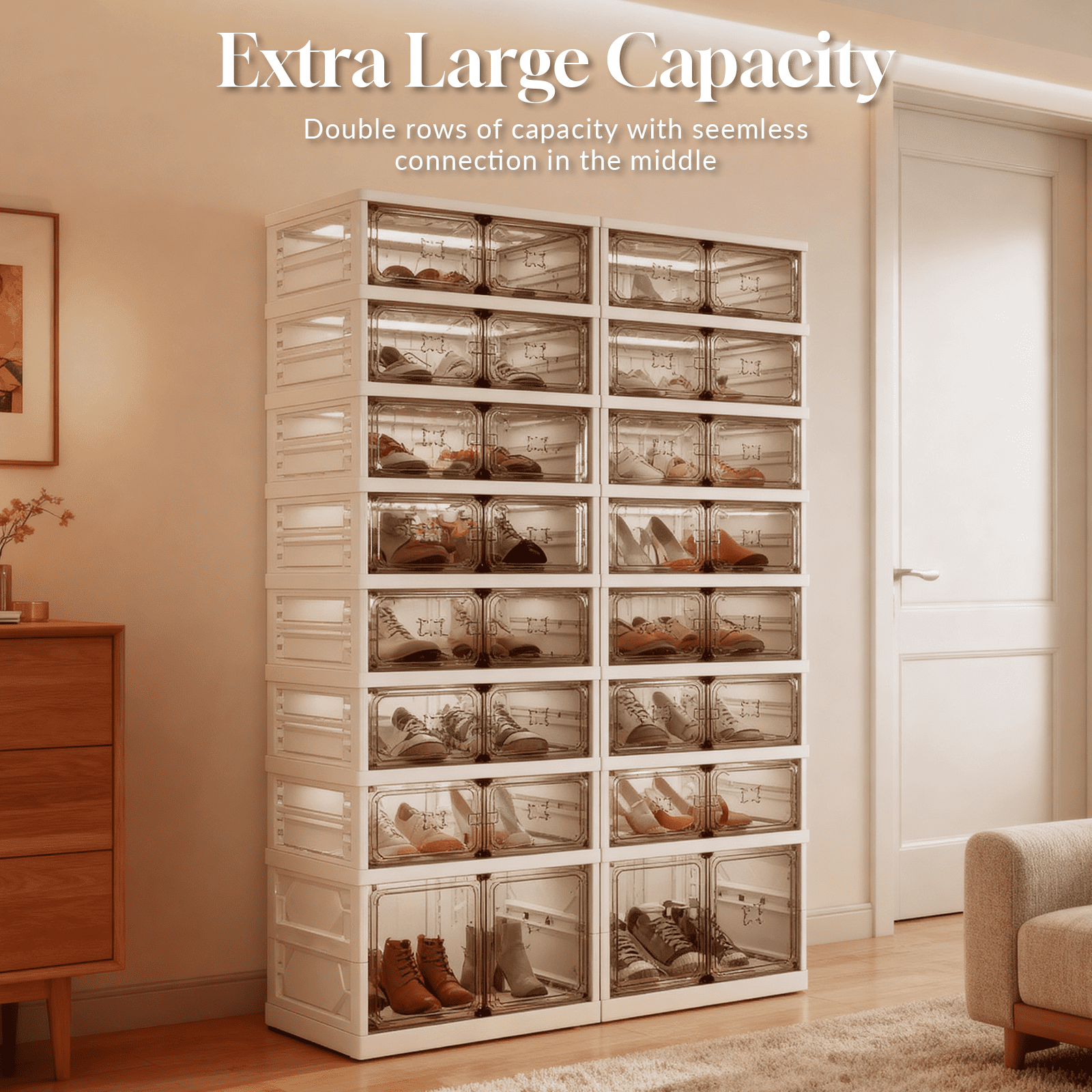 Bezliving 9-Tier Foldable Shoe Rack Organizer, 36 Pairs Stackable & Collapsible Shoe Cabinet with Transparent Doors & Leather Handles, Space-Saving Storage for Entryway, Closet, Kitchen, White