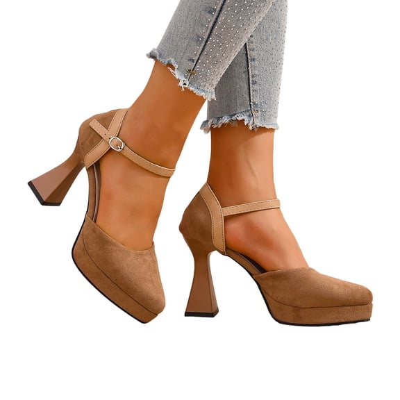Mary Jane Shoes for Women Suede Closed Toe Ankle Strap Buckle Chunky Block High Heels Platform Dress Pumps for Casual Party Wedding Khaki Size 9