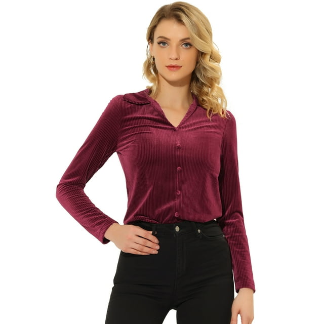 INSPIRE CHIC Blusa de punto de manga larga con cuello de oficina de trabajo con textura de terciopelo para mujer Vino rojo L