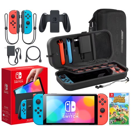 Nintendo Switch OLED Model (Neon Red/Blue) Animal Crossing: New Horizons Bundle | Includes Extra Joy-Con (Red/Blue), Dock, Joy-Con Grips and Straps | With Signature Series Portable Case and Earphones
