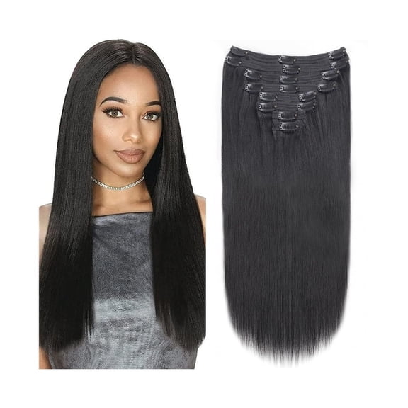 Yaki Straight Clip in Hair Extensions 8Pcs Natural Black Human Hair Extensions Kinky Straight Brazilian Remy Hair Clip in Extensions for Women