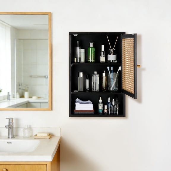 COZONY 23.6" Bamboo Bathroom Wall Cabinet with Rattan Doors and Adjustable Shelf, Wall Mounted Medicine Cabinet for Over Toilet Storage,Black