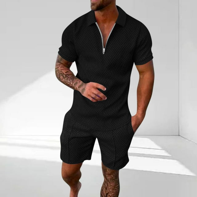 NTACZA Short Sleeve Shorts Set for Men Athletic Texured Tracksuits Quarter Zip Men's Elastic Waist Sweatsuits M