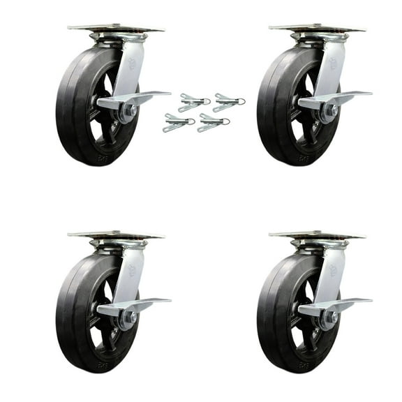 8 Inch Rubber on Steel Caster Set with Ball Bearings and Brakes/Swivel Locks SCC