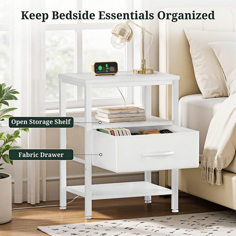 Kelno Nightstand with Fabric Drawer Charging Station USB TypeC Outlets Small Bedside Table with Wood Top Adjustable Shelf, White