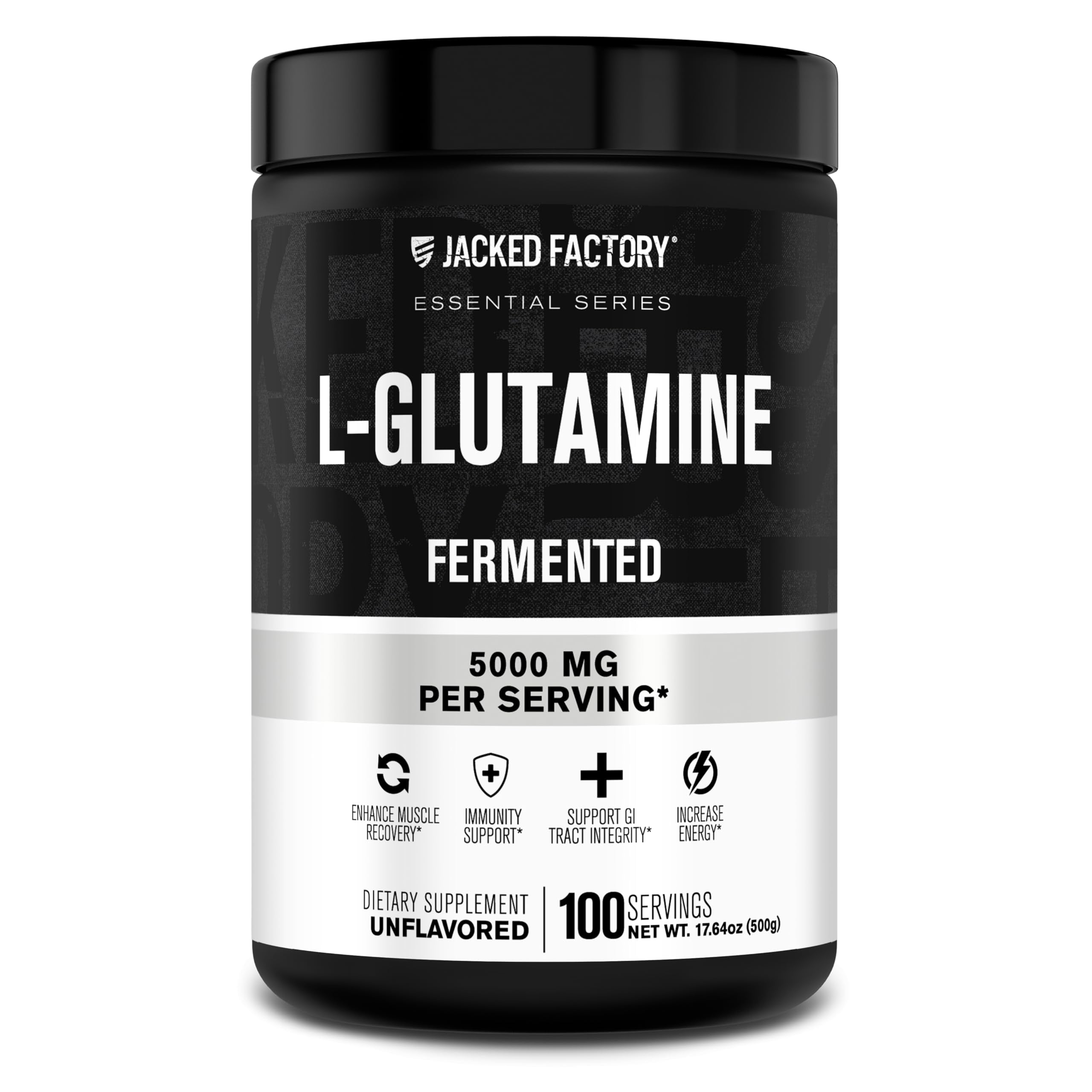 Jacked Factory L-Glutamine Powder 500g, 100 Servings - Vegan Fermented L Glutamine for Post Workout Muscle Recovery, Immunity, Digestive Health - Tested & Trusted, No Artificial Fillers - Unflavored supplement bottle