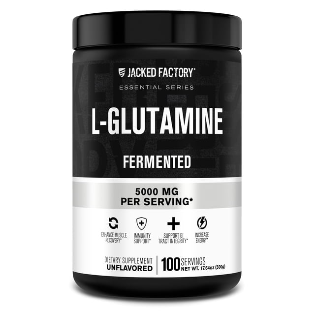 Jacked Factory Poudre de L-Glutamine, Contenant de 500 g avec 100 Portions. Supplément de L-Glutamine Fermenté Végétalien Offrant 5000 Mg par Portion pour la Récupération Musculaire après l'Entraînement, le Soutien de l'Immunité, la Santé digestive et la Fonction Intestinale. Supplément Alimentaire Sans Saveur Sans Agents de Remplissage Artificiels.