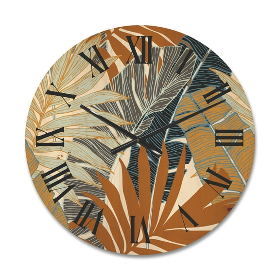 Designart 'Abstract Tropical Summer Banana Leaves and Palm Tree' Modern Wood Wall Clock