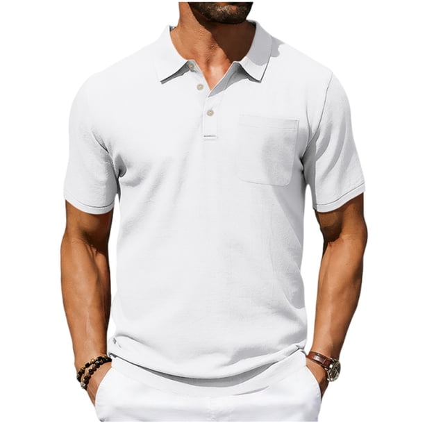 Casual de Manga Corta de los Hombres Medio Botón Solapa Blusa Superior, Tela de Poliéster Transpirable para Todo el Uso de Temporada