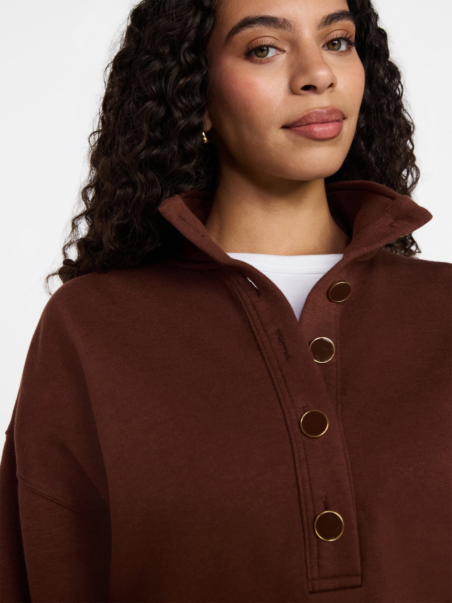 Time and Tru Women's Quarter Button Fleece Top with Long Sleeves, Size XS-4X