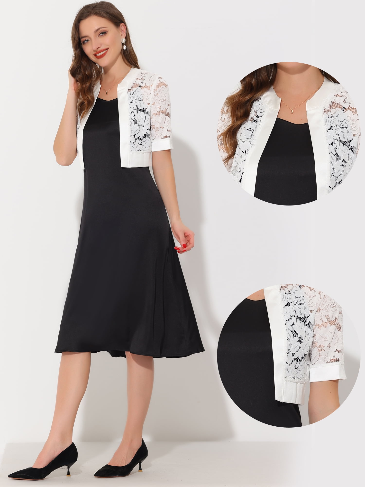 DARING DIVA Women's Lace Shrug Bolero Satin Panel Crop Cardigans XL White