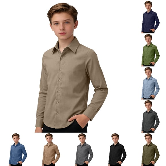SUXIAN Going Out Blouses Long Sleeve For Boys Casual Blend Classic Fit Button Down Comfortable Top Boys Blouses Khaki 11-12 Years