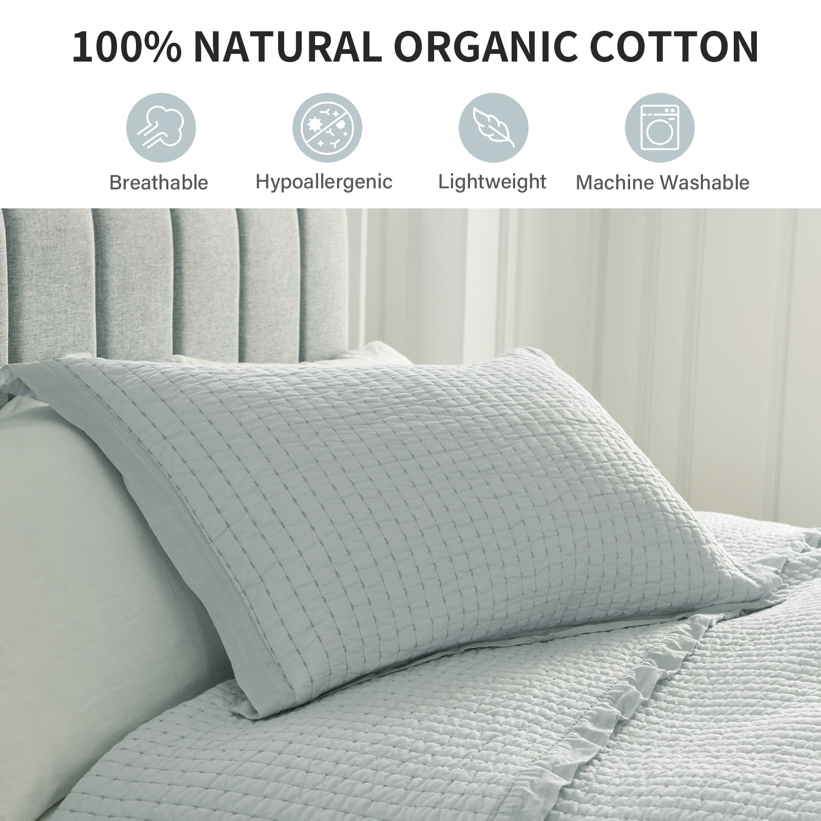 DDUOXIN Gray Queen Size Quilt - 100% Cotton Solid Color Chic Stylish Elegant Quilt Bedspread for Queen Bed, Lightweight Pick-Stitch Handcrafted Queen Coverlet Bedding Set with 2 Pillow Shams, 3-Piece