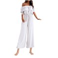 thumbnail image 2 of hotojiny Women Casual off Shoulder Jumpsuits High Waist Short Ruffle Sleeves Rompers with Belt Wide Leg One-Piece Pants Romper, 2 of 7