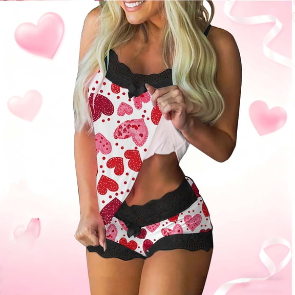 Vetsdori Womens Sleeveless Pajamas Sets 2 Pieces Casual Homewear Summer Shorts & Top,Heart Print Holiday Loungewear Sleepwear PJ Sets for Women Lace