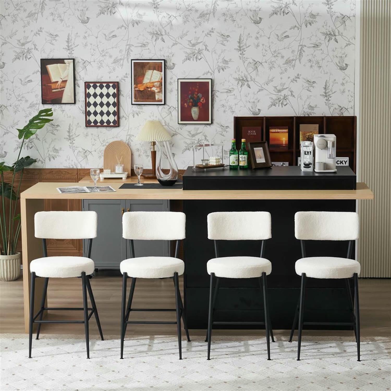 Demi Bonn 35" Counter Height Bar Stools Set of 2, Teddy Fabric Upholstered Barstools with Back, Kitchen Island Countertop Chairs for Dining Room, Beige