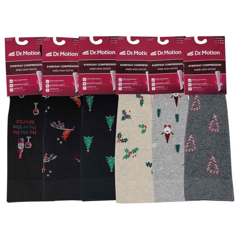 Dr. Motion Women's 6 Pairs Assorted Novelty Gradated Compression Knee High Socks – Multicolor, Size 9-11
