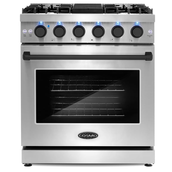 Cosmo 30 in. 4.5 cu. ft. Gas Range, 5 Sealed Burners, Convection Oven, Knob LED Lights, Stainless Steel, Matte Black Handle Knob Kit