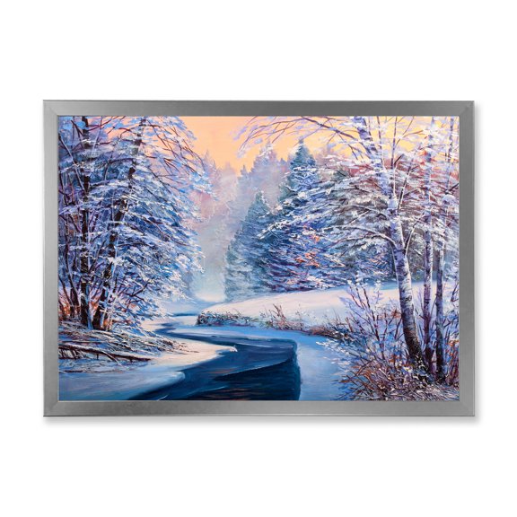 Designart 'Pastel Winter Forest With River' Lake House Framed Art Print
