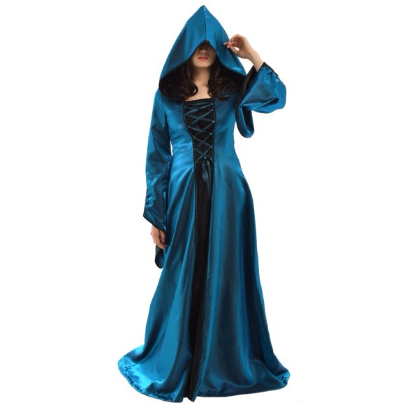 BLESSUME Women Renaissance Lace-up Vintage Hooded Dress Medieval Witch Dress Cosplay Costume Blue