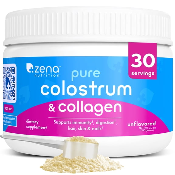 Suplemento en polvo de calostro bovino y colágeno Zena Nutrition para la salud intestinal, el apoyo inmunitario, la digestión, el cabello, la piel y las uñas. Sin saborizante, sin gluten ni azúcar. 30