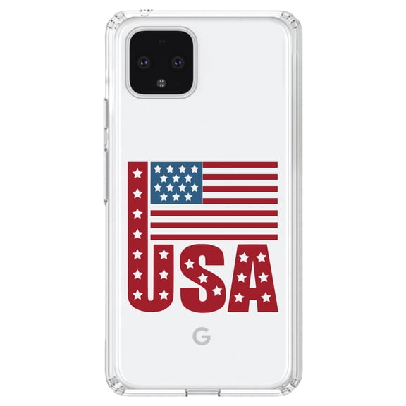 DistinctInk Clear Shockproof Hybrid Case for Google Pixel 4 XL (6.3" Screen) - TPU Bumper Acrylic Back Tempered Glass Screen Protector - USA Flag Banner Red White & Blue
