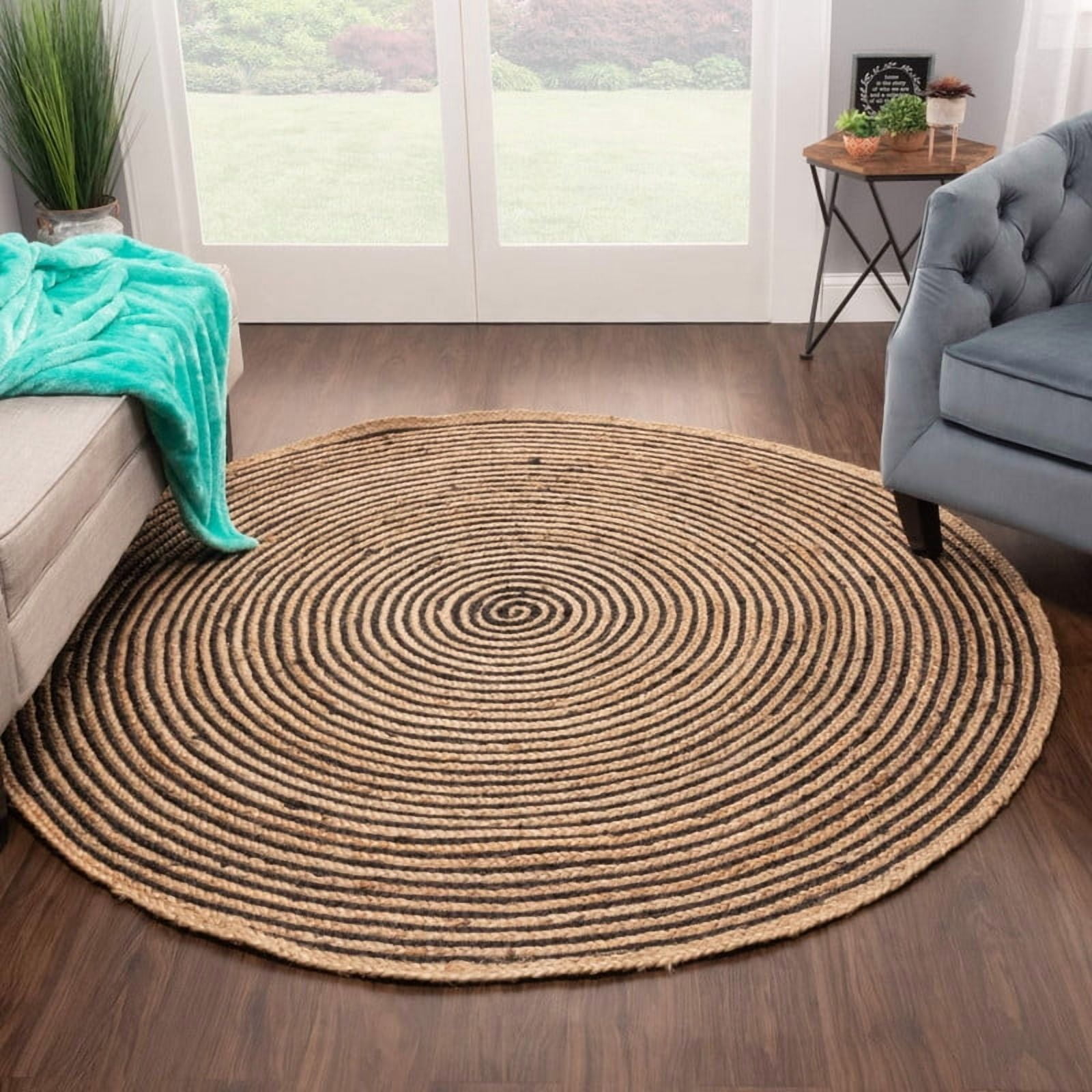 Jute Round Natural Braided Reversible Area Rug , Eco Friendly Rustic Farmhouse Boho Carpet for Living Room, Bedroom, Kitchen, Dining, Black, 4 FT
