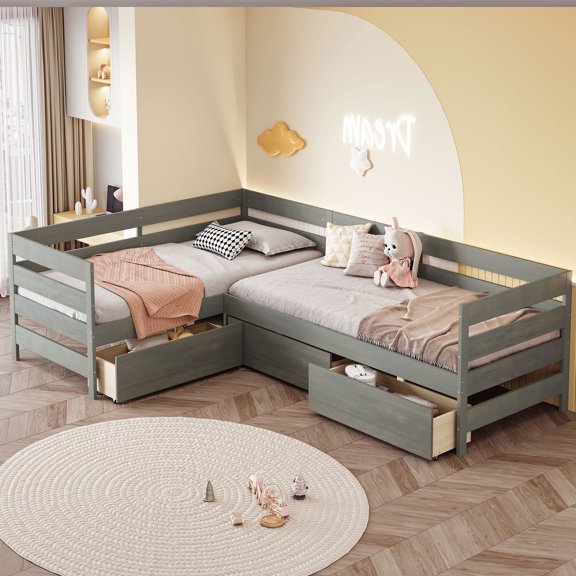 Twin Size Solid and Stable L-Shaped Platform Bed with Three Storage Drawers (Gray)