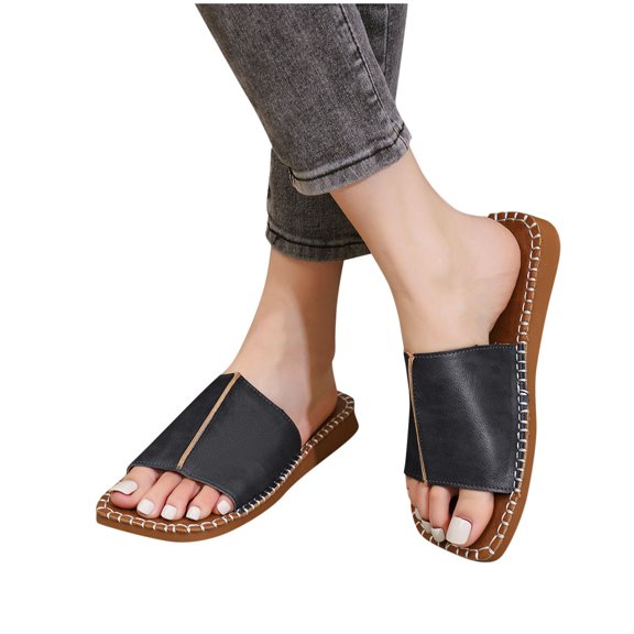 Xfvqtps Flat Sandals for Women Slide Open Square Toe Split Joint Leather Soft Sole Non Slip Breathable Beach Summer Slide Sandals Black